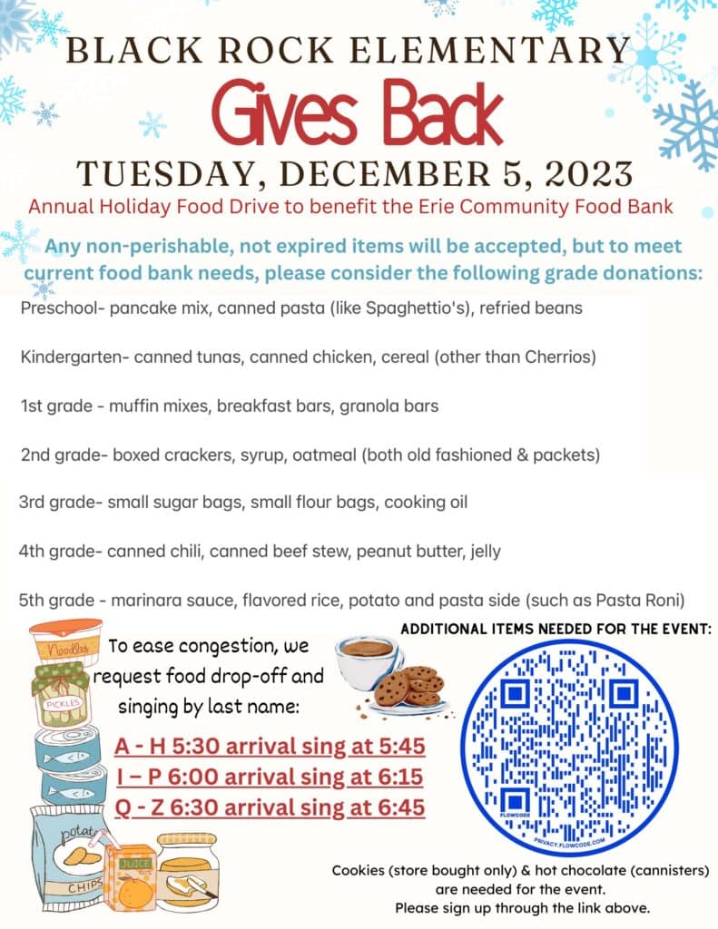 Black Rock Elementary will hold the Black Rock Gives Back Annual Holiday Food Drive to benefit the Erie Community Food Bank on Tuesday, December 5, 2023.