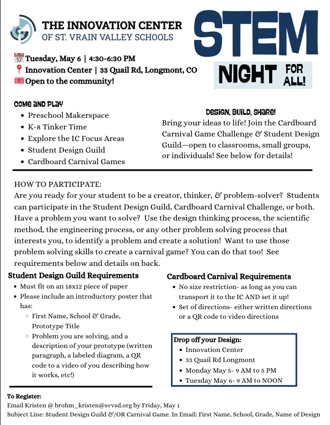 STEM Night at Innovation Center, May 6 from 4:30-6:30pm