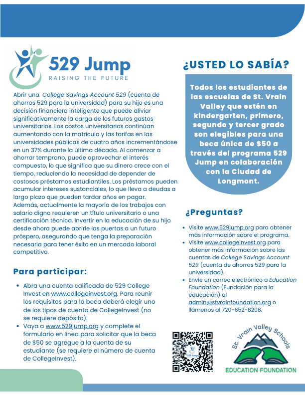 Informative flyer about the 529 Jump program, promoting college savings accounts for St. Vrain Valley students.