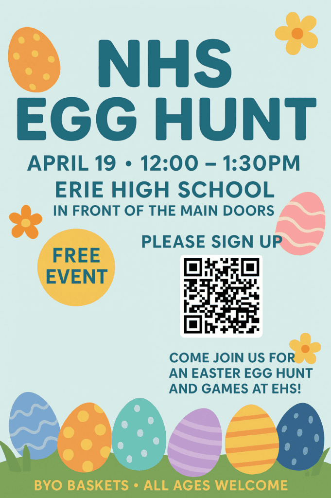 Poster for NHS Egg Hunt on April 19 at Erie High School, includes event details and QR code to sign up.