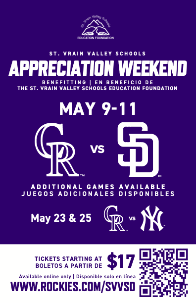 Promotional graphic for St. Vrain Valley Schools Appreciation Weekend, featuring baseball games on May 9-11.