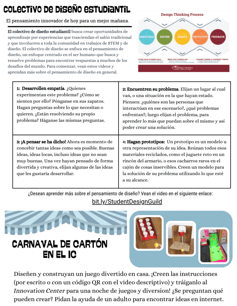 Poster explaining a student design collective and a cardboard carnival project, featuring steps for design thinking.