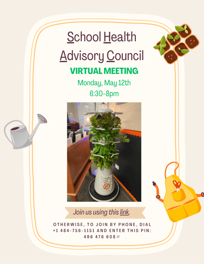 Graphic promoting a virtual meeting for the School Health Advisory Council on May 12th, 6:30-8 PM.