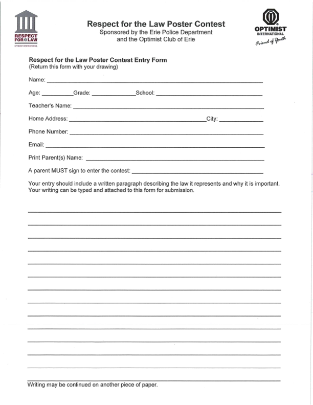 Entry form for the "Respect for the Law Poster Contest" with fields for personal and contact information.