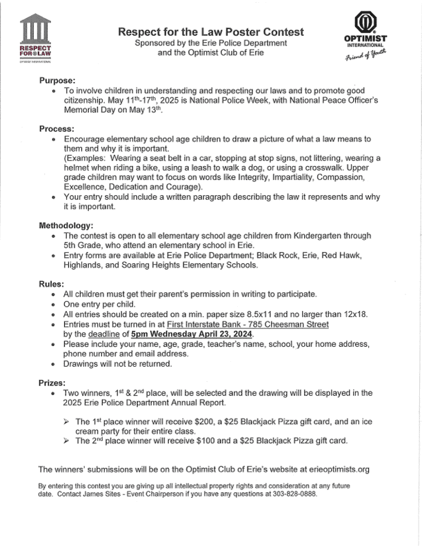 Poster announcement for the Respect for the Law Contest for Erie elementary school children, detailing rules and submission info.