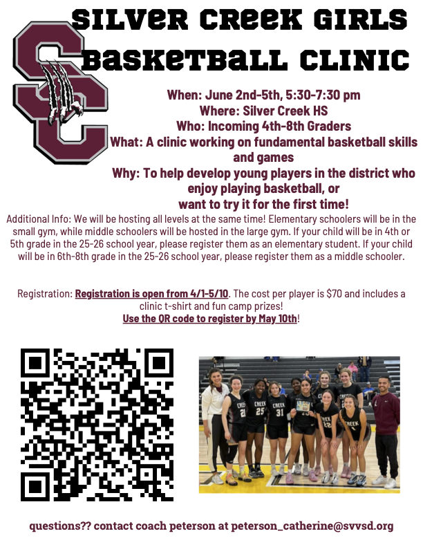 Silver Creek High Girls Basketball Clinic flyer. June 2-5 for 4th - 8th graders