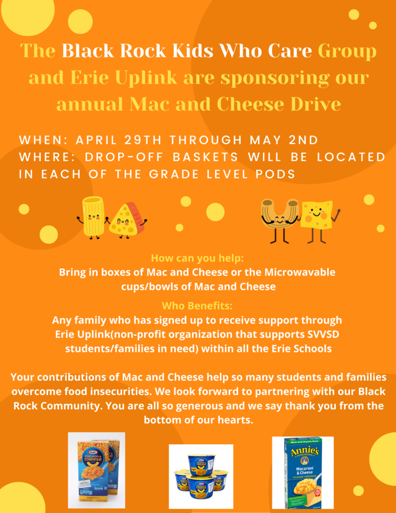 Image of a flyer promoting a Mac and Cheese Drive by the Black Rock Kids Who Care Group and Erie Uplink, with details on participation.