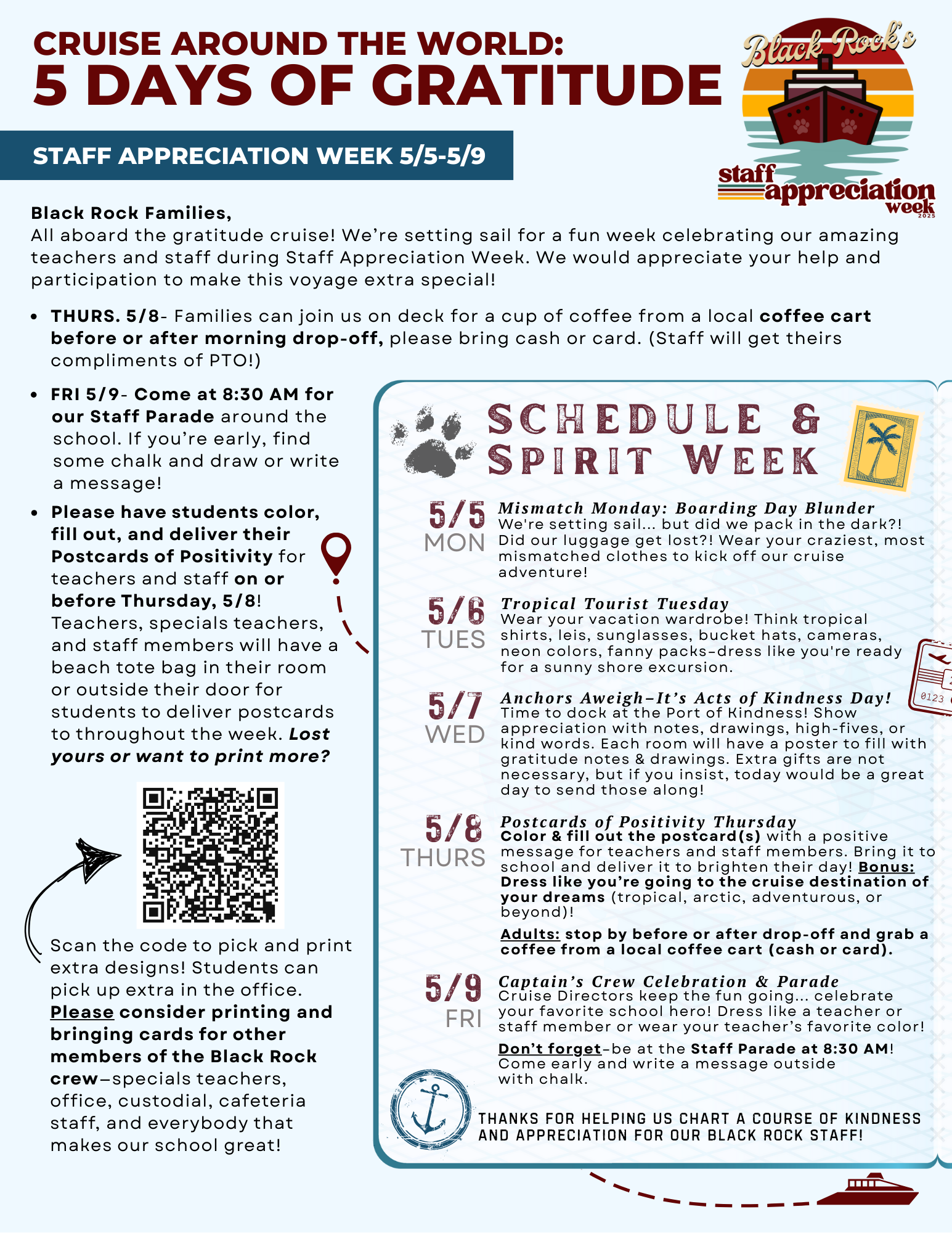 Staff appreciation and spirit week: Cruise Around the World, 5 Days of Gratitude