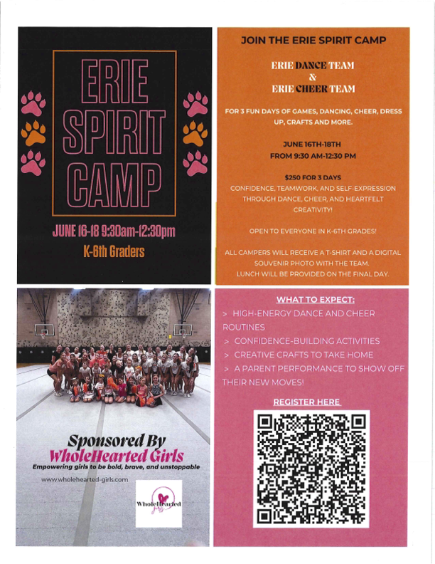 Promotional flyer for Erie Spirit Camp, June 16-18, for K-6th graders, featuring dance, cheer, and crafts.