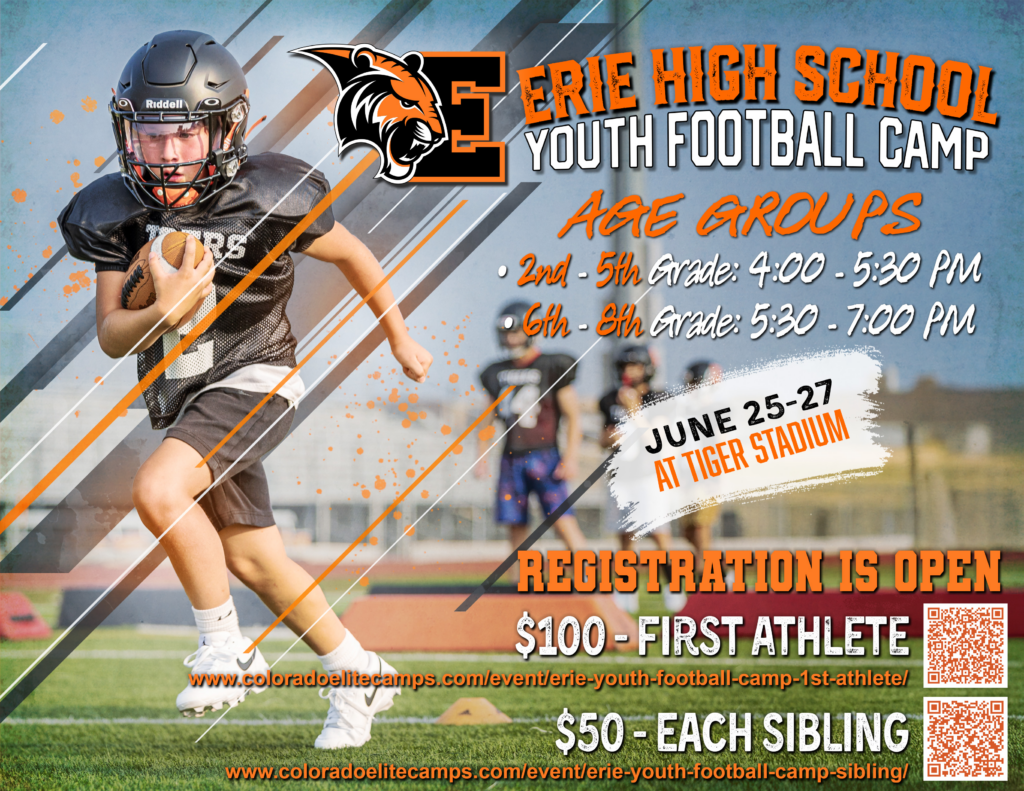 A youth football camp flyer featuring a child in gear running with a football. Details on age groups and registration included.