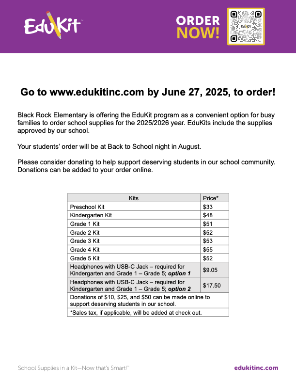 Flyer for Black Rock Elementary's EduKit program, detailing school supply kits and pricing for 2025/2026 orders.