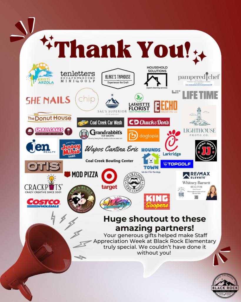 Thank you graphic highlighting local businesses that supported Staff Appreciation Week at Black Rock Elementary.