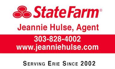 PTO Sponsors of the Week: Business card for State Farm agent Jeannie Hulse, featuring contact info and website, serving Erie since 2002.