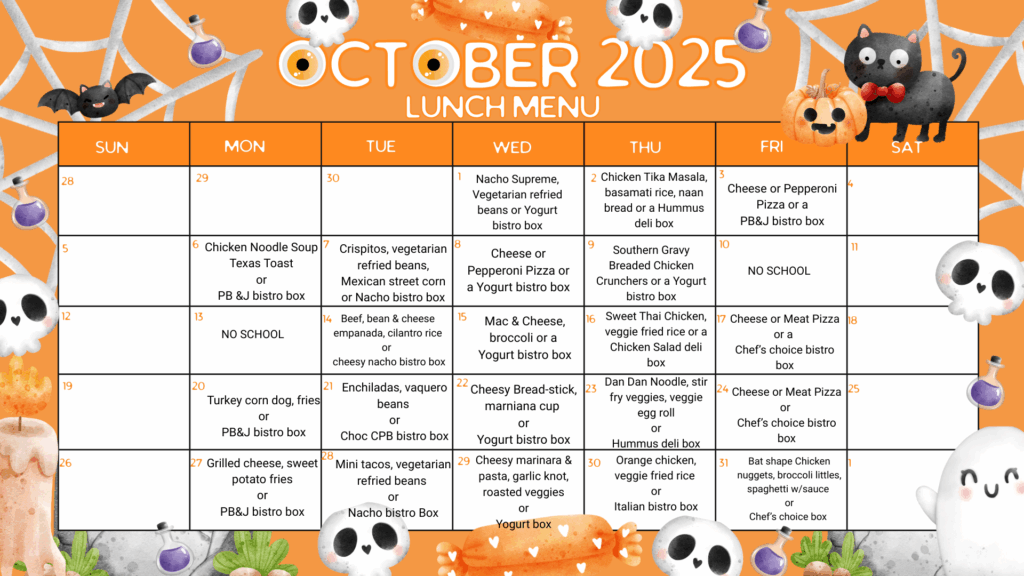 October 2025 lunch menu with weekly meal options listed from Sunday to Saturday, featuring various bistro box choices.