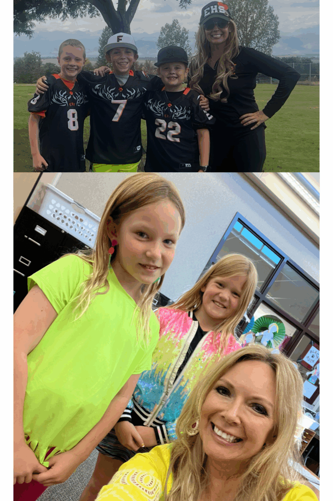 Cuatro niños con camisetas deportivas posan con una mujer al aire libre; dos niñas sonríen con la mujer en el interior, luciendo coloridos atuendos.