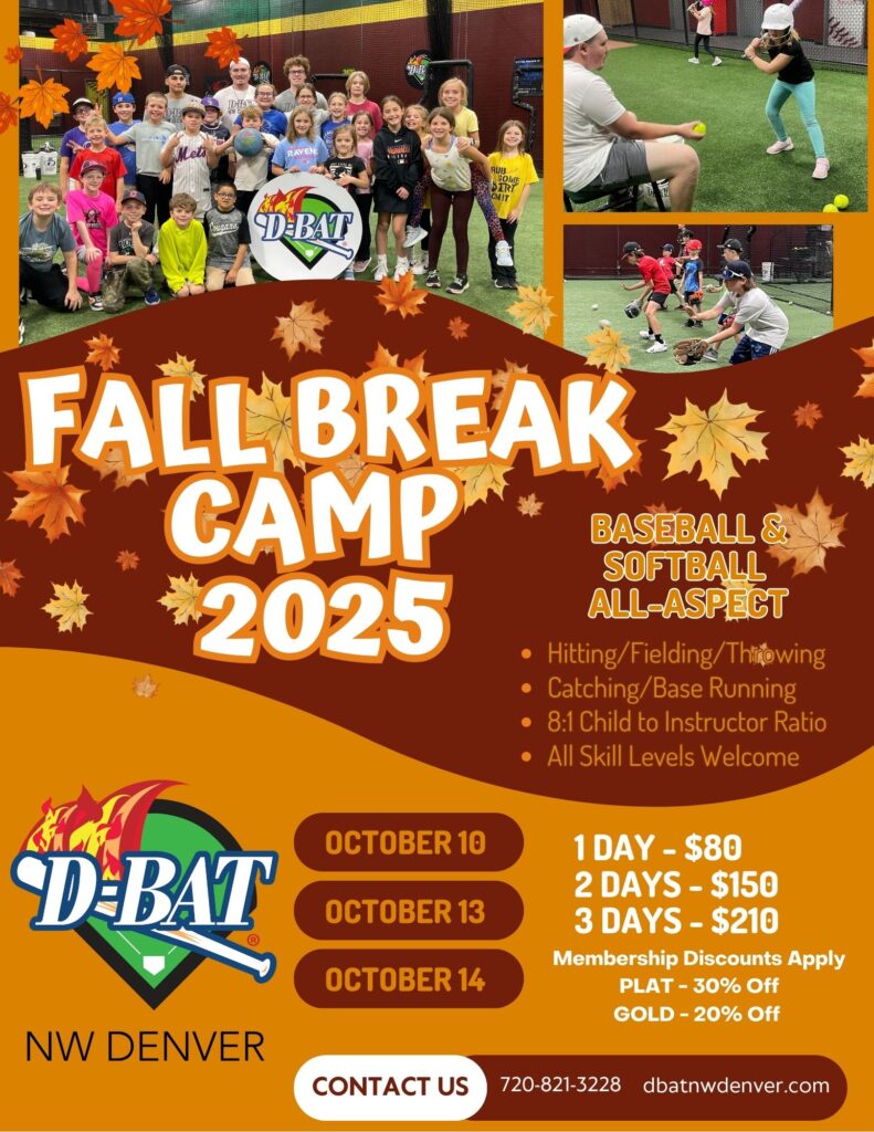 Grupo de niños e instructores en un campamento de béisbol y softball, con detalles sobre fechas y precios del evento.