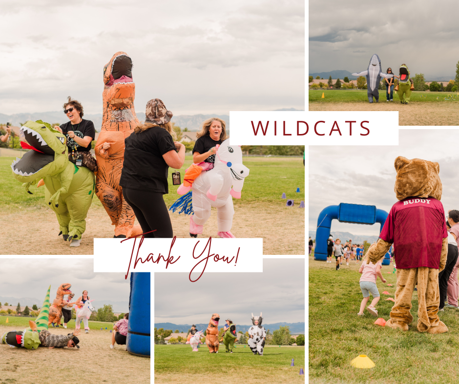 People in animal costumes play on a grassy field, celebrating a fun event with colorful banners saying "Thank You!" and "WILDCATS."