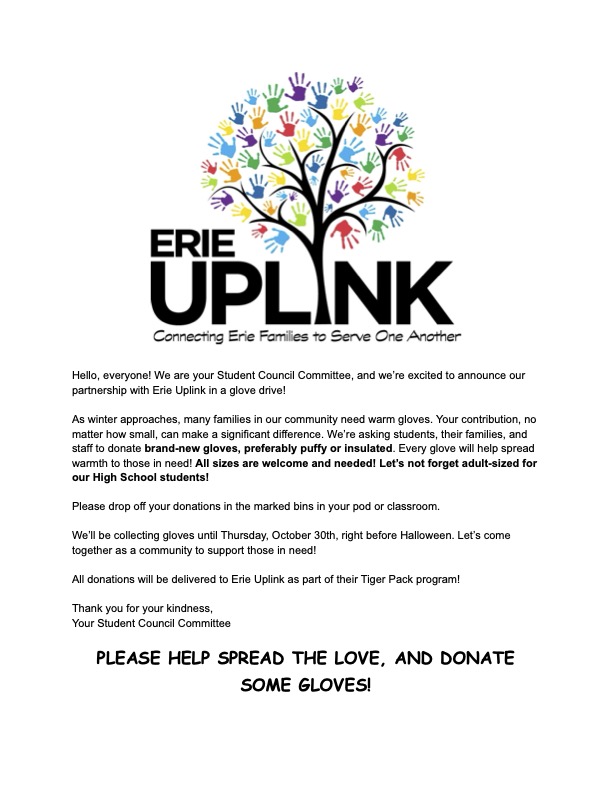 Image shows a flyer for a glove drive by Erie Uplink, organized by a student council, requesting donations of new gloves.