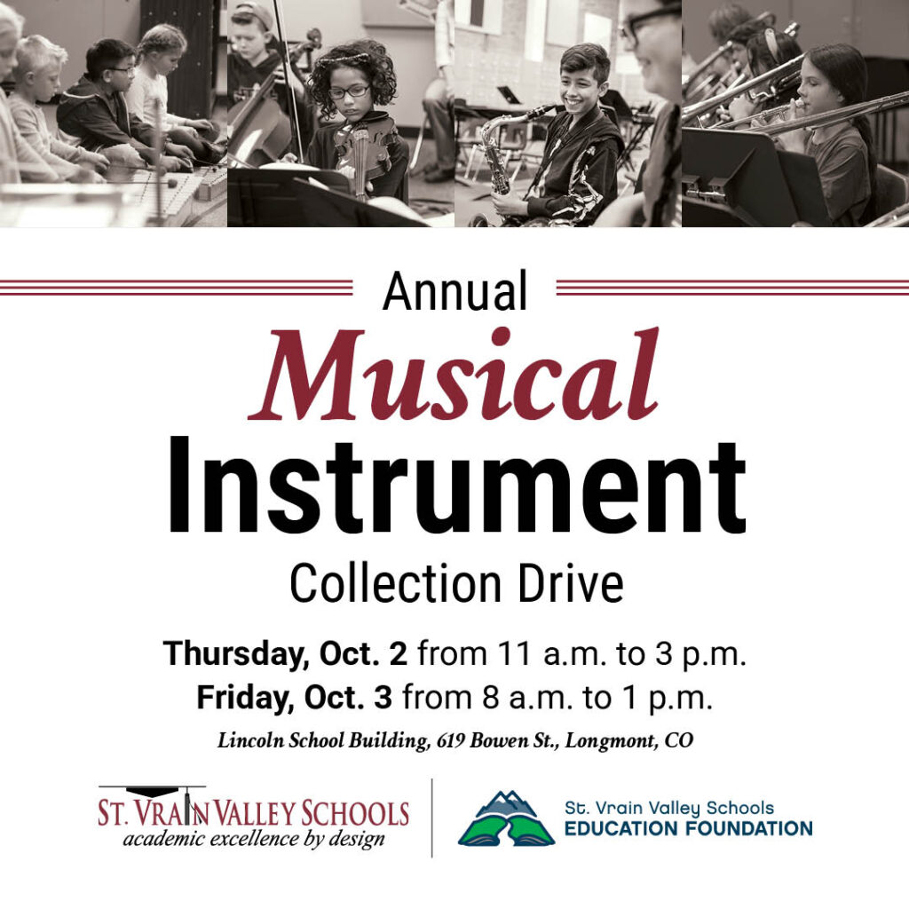 Detalles de la campaña anual de recogida de instrumentos musicales, 2 y 3 de octubre en la escuela Lincoln de Longmont, CO.