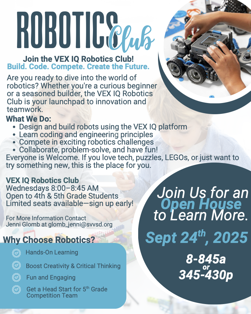 Promotional flyer for VEX IQ Robotics Club, detailing activities, schedule, and an open house date.