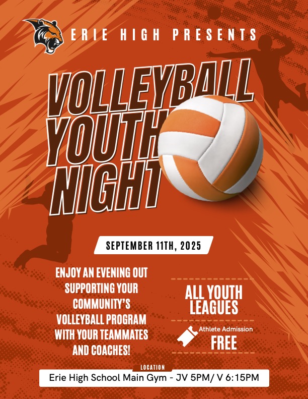Promotional poster for Erie High's Volleyball Youth Night on September 11, 2025, featuring a volleyball and event details.