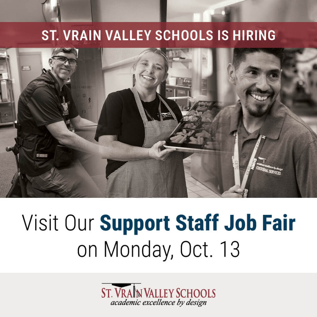 Image promotes a job fair for St. Vrain Valley Schools on October 13, featuring smiling staff members in various roles.