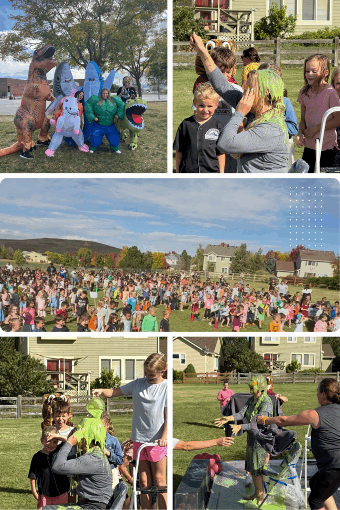 A lively event with kids in costumes, a crowd participating, and someone getting slimed outdoors. Fun atmosphere.