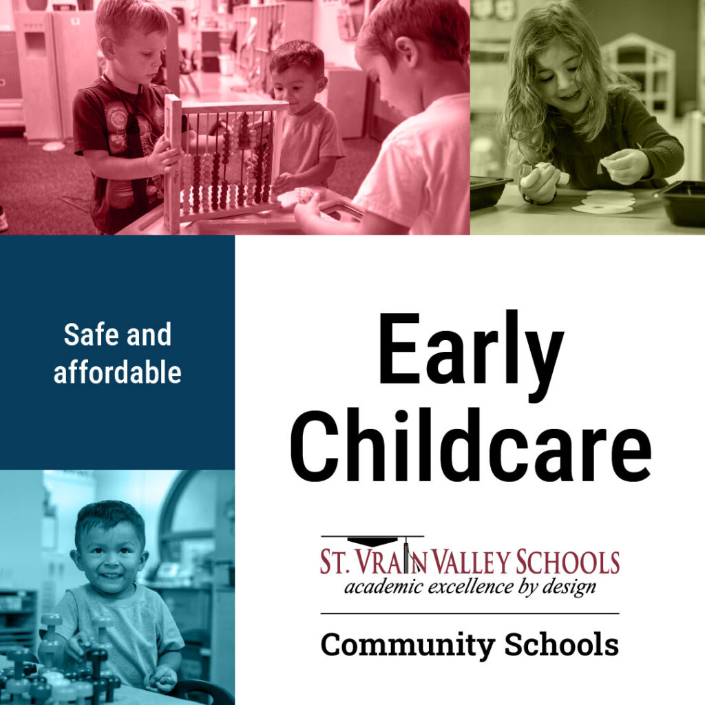 Children engaging in play activities, promoting early childcare that is safe and affordable. St. Vrain Valley Schools.