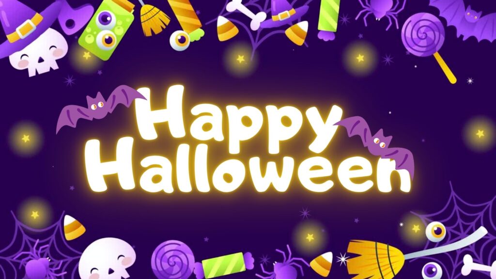 Colorful Halloween-themed design featuring bats, candy, and a skull with the text "Happy Halloween" in the center.