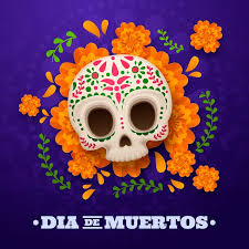 Colorful sugar skull surrounded by marigolds and green leaves, with "Día de Muertos" text at the bottom.
