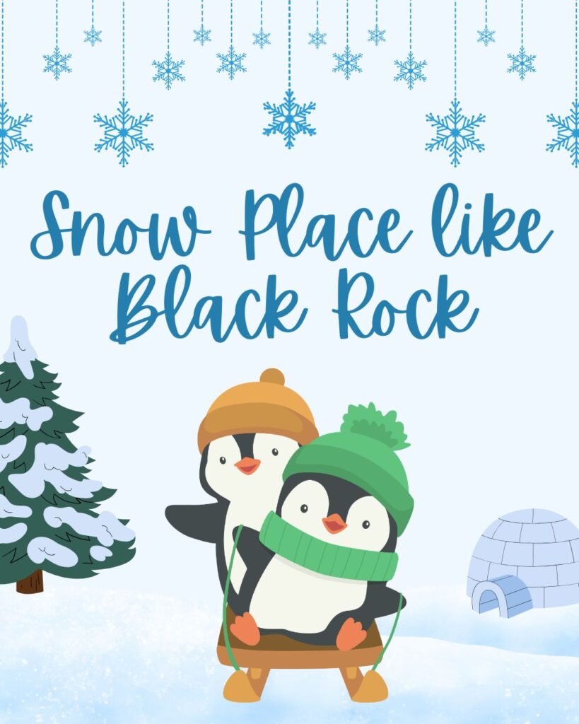 Two cartoon penguins in winter hats sit on a sled, with snowflakes and a tree in the background, and text above.