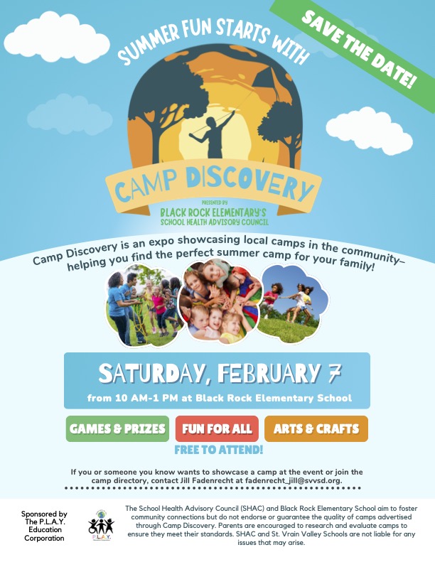 Image promoting Camp Discovery at Black Rock Elementary on February 7, featuring games, prizes, and local camp info.