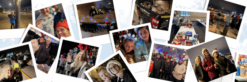 A collage of festive community events with people smiling, holiday decorations, and food donation activities.