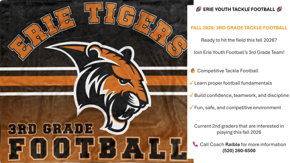Erie Youth Tackle Football banner promoting fall 2026 for 3rd graders, featuring team details and contact info.