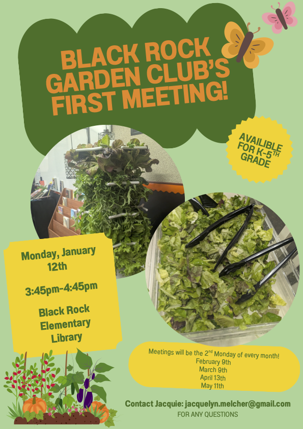 Promotional flyer for Black Rock Garden Club's first meeting, featuring details and images of fresh greens.