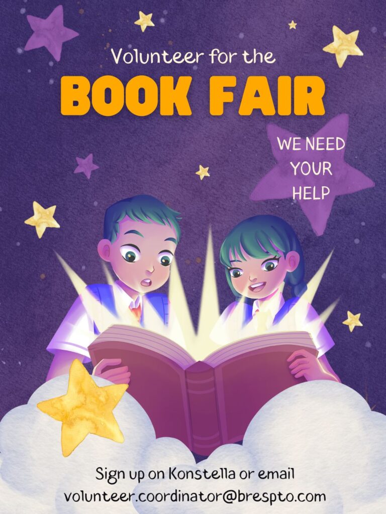 Illustration of two children excitedly reading a large book, with stars and clouds, promoting volunteer help for a book fair.