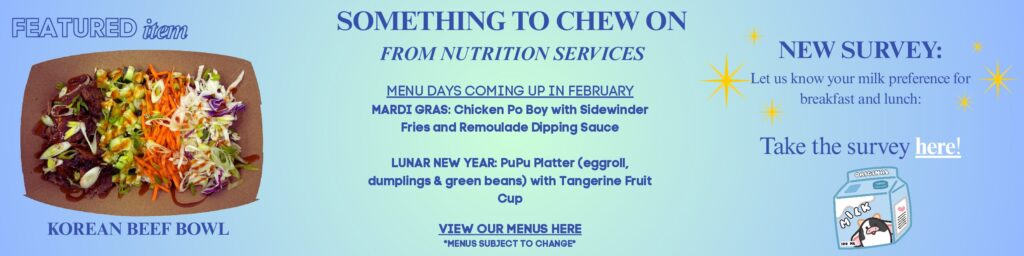 Banner with picture of food, with new menu items. Faded blue color