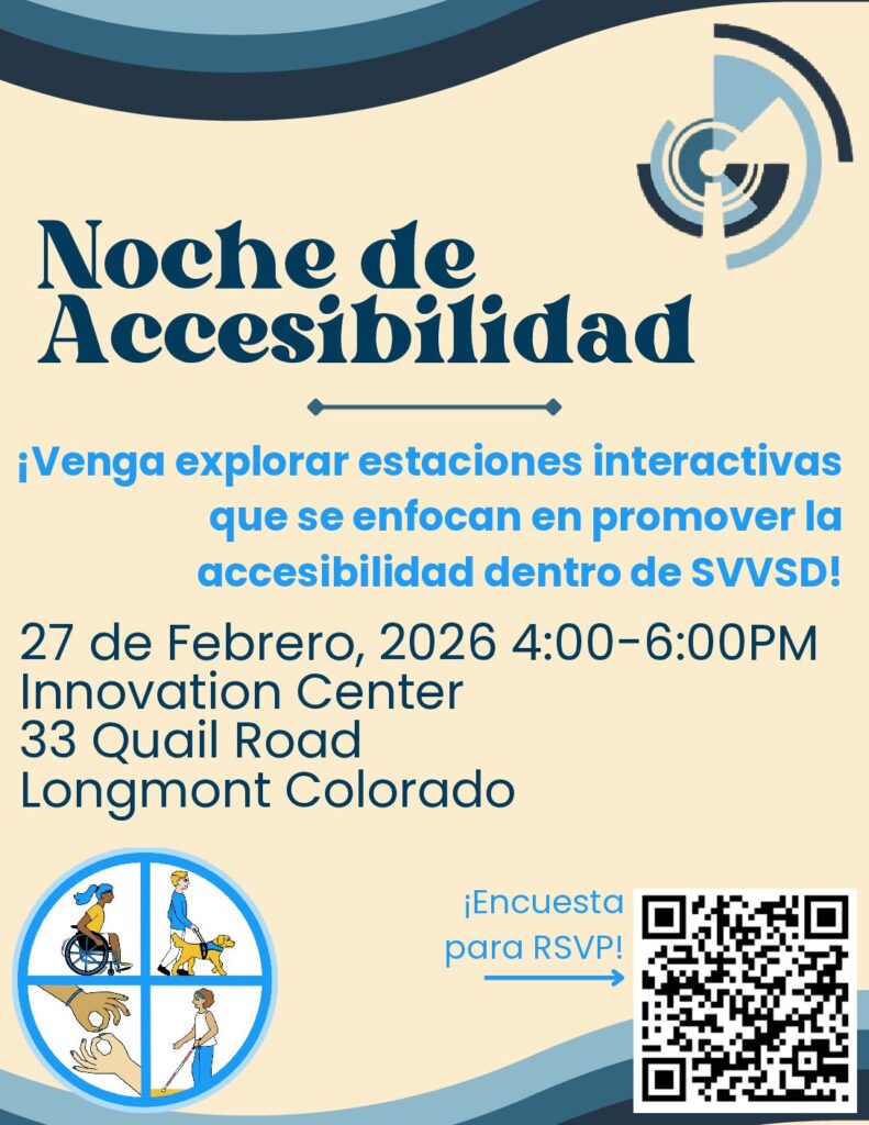 Tan and blue flyer promoting an accessibility night, explore interactive stations focused on improving accessibility. February 27th, 4-6pm. QR link to register