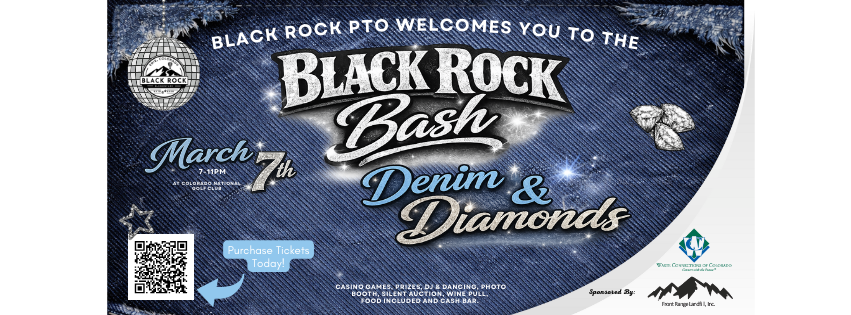 Graphic with a blue denim background. Text says Black Rock Bash Denim & Diamonds March 7th. QR code to scan with phone to register. 