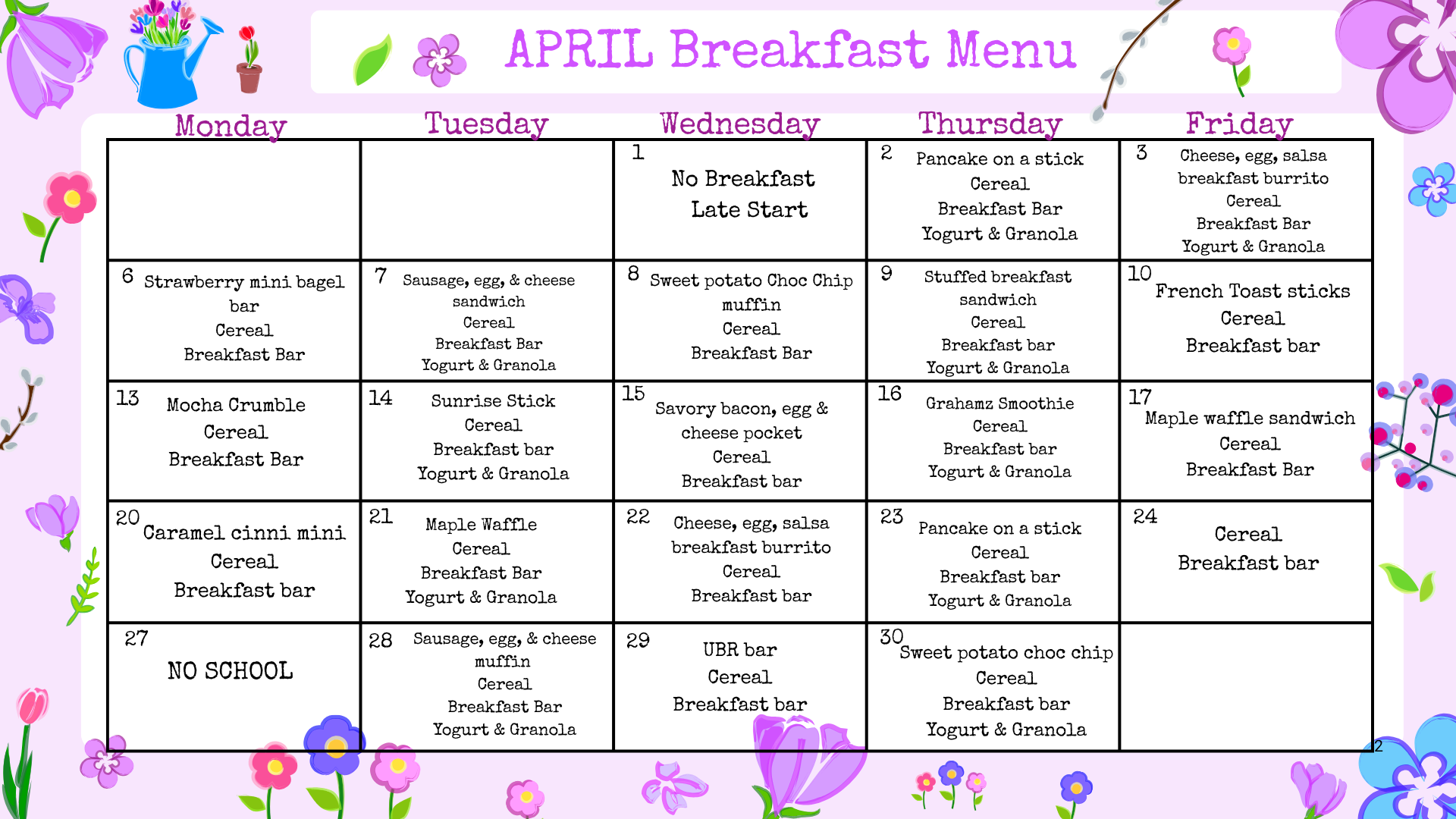 April breakfast menu with daily options including cereals, breakfast bars, and various sandwiches.