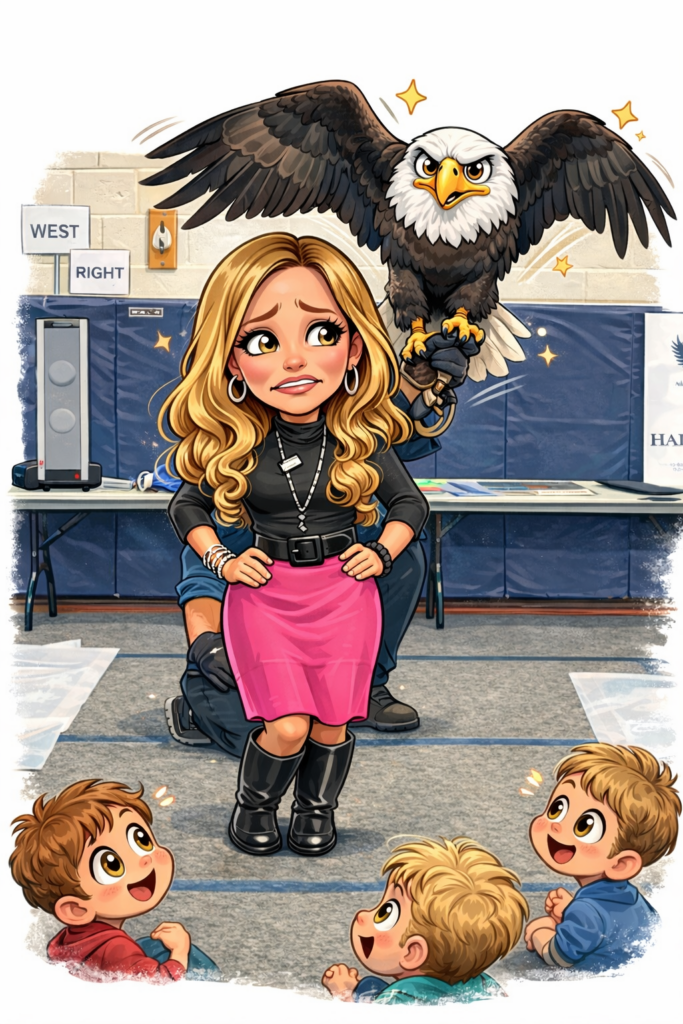 A woman in a pink skirt looks surprised as a bald eagle hovers above her, while children watch in amazement.
