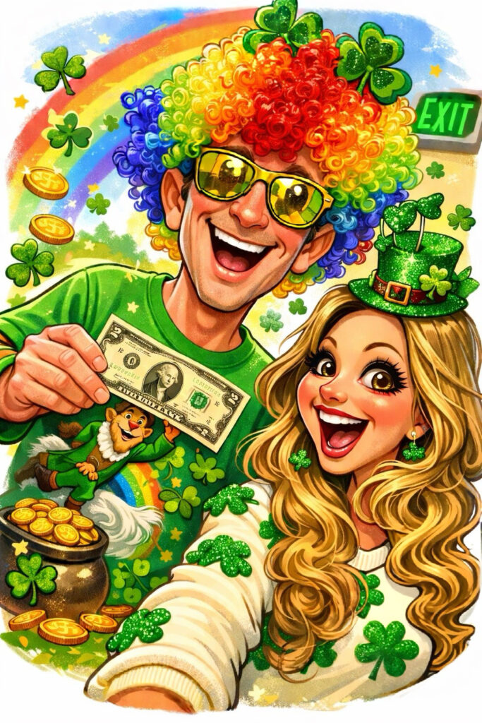 A man with a colorful wig and sunglasses holds a dollar bill, smiling with a woman in a festive sweater and green accessories.
