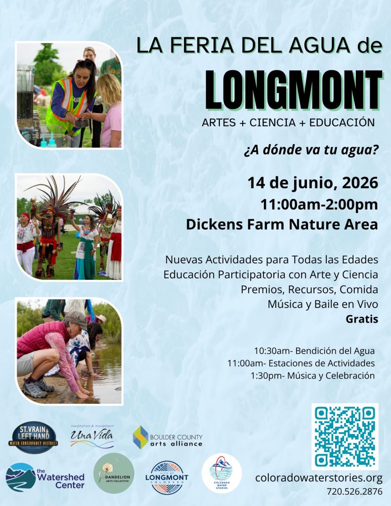 Event flyer for Longmont Water Fair on June 14, 2026, featuring activities, music, and education at Dickens Farm Nature Area.