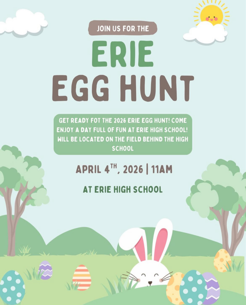 Graphic announcing the 2026 Erie Egg Hunt on April 4th at 11 AM, featuring a bunny and colorful eggs in a park setting.