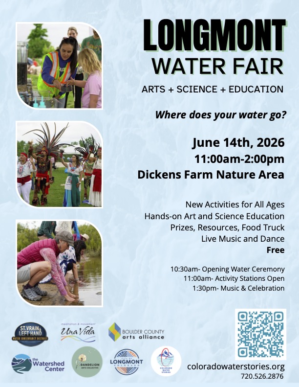 Promotional flyer for the Longmont Water Fair on June 14, 2026, featuring activities, music, and education about water.