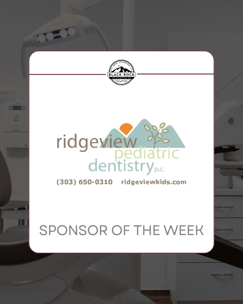 Logotipo de Ridgeview Pediatric Dentistry, destacado como «Patrocinador de la semana», con datos de contacto e información sobre la clínica dental.