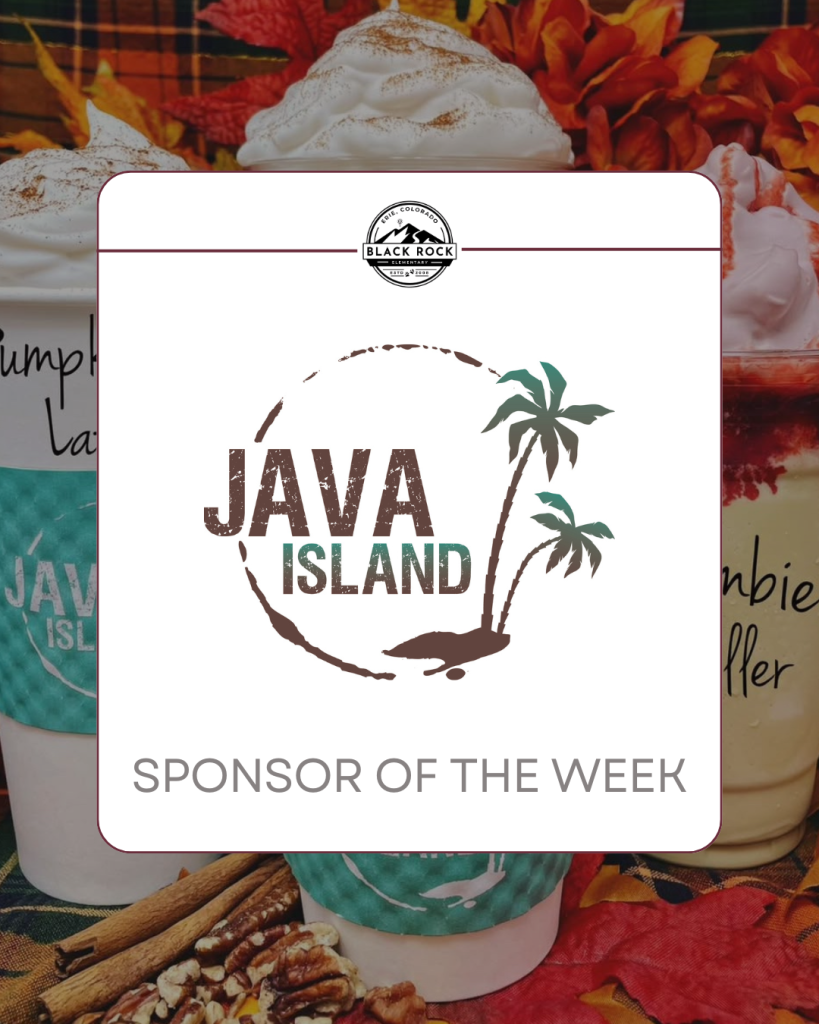 Logotipo de Java Island, con la leyenda «Patrocinador de la semana», con un fondo decorativo de temática otoñal y tazas de café.