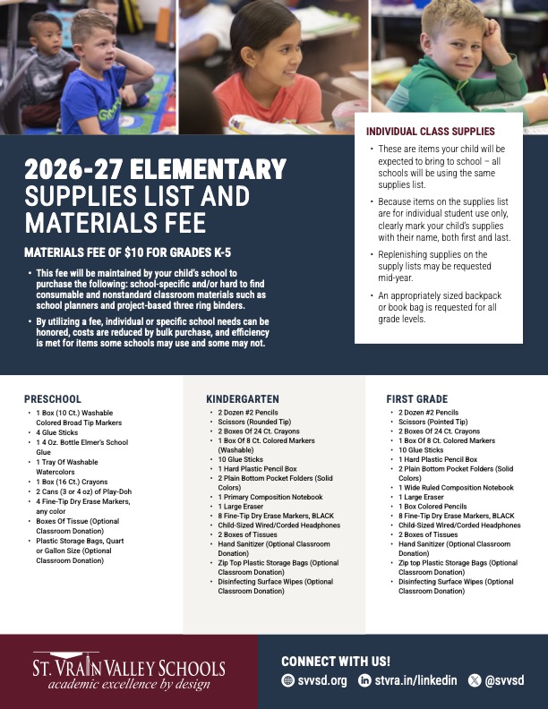 Image of a school supplies list for the 2026-27 academic year, detailing materials needed for grades K-5.