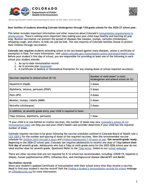 Carta del Departamento de Salud Pública de Colorado en la que se detallan los requisitos de vacunación para los alumnos de educación primaria y secundaria para el curso 2026-27.
