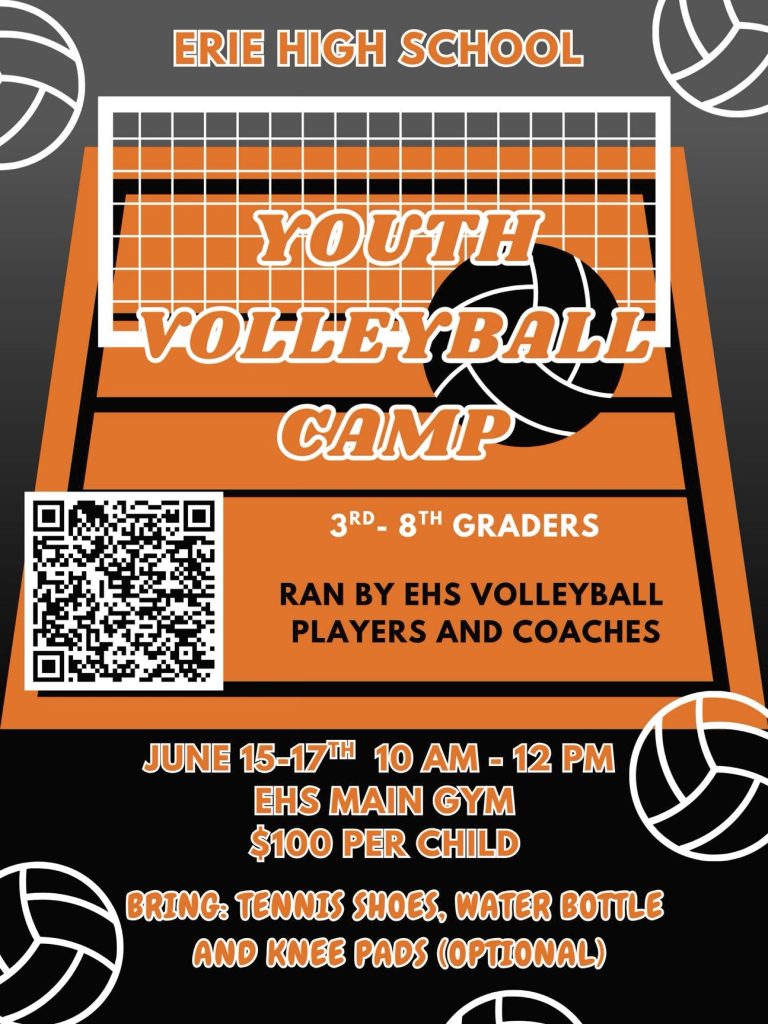 Flyer for Erie High School Youth Volleyball Camp for grades 3-8, June 15-17, 10 AM-12 PM. Cost: $100 per child.